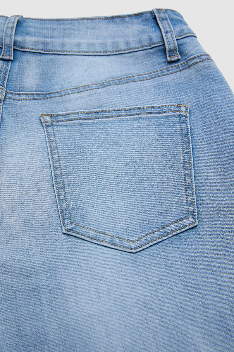 Floral Embroidery Scallop Trim Mid Rise Denim Bermuda Shorts
