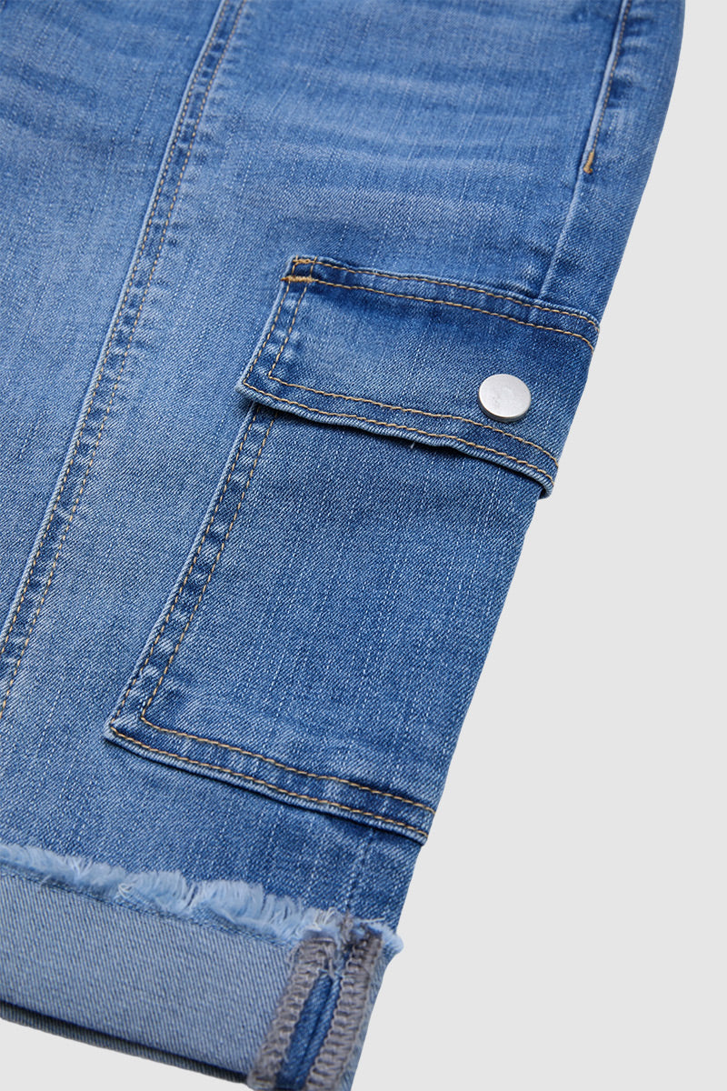 Raw Hem Stitch Detail Mid Waist Denim Cargo Bermuda Shorts