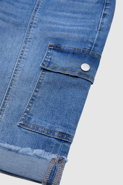 Raw Hem Stitch Detail Mid Waist Denim Cargo Bermuda Shorts