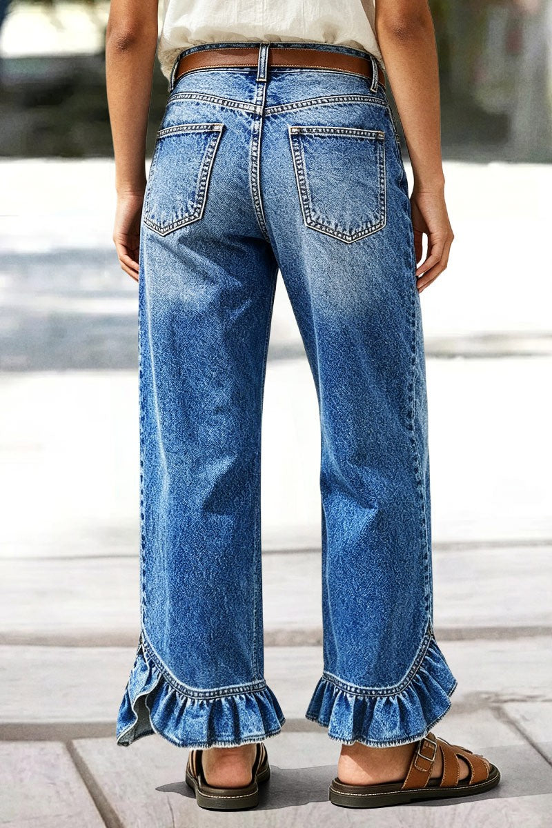 Wash Ruffle Hem Patch Pocket Mid Waist Straight Leg Jeans Without Belt