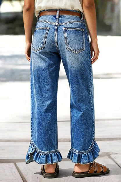 Wash Ruffle Hem Patch Pocket Mid Waist Straight Leg Jeans Without Belt