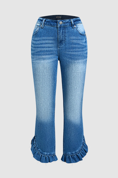 Split Ruffle Hem Flap Pocket Mid Waist Straight Leg Cropped Jeans
