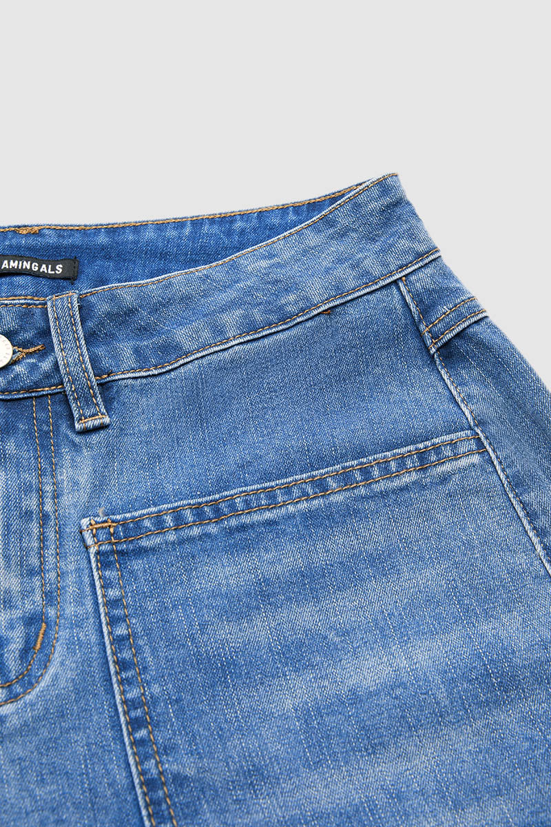 Valentine's Day Pattern Embroidered Patch Pocket Mid Rise Straight Leg Jeans Without Belt