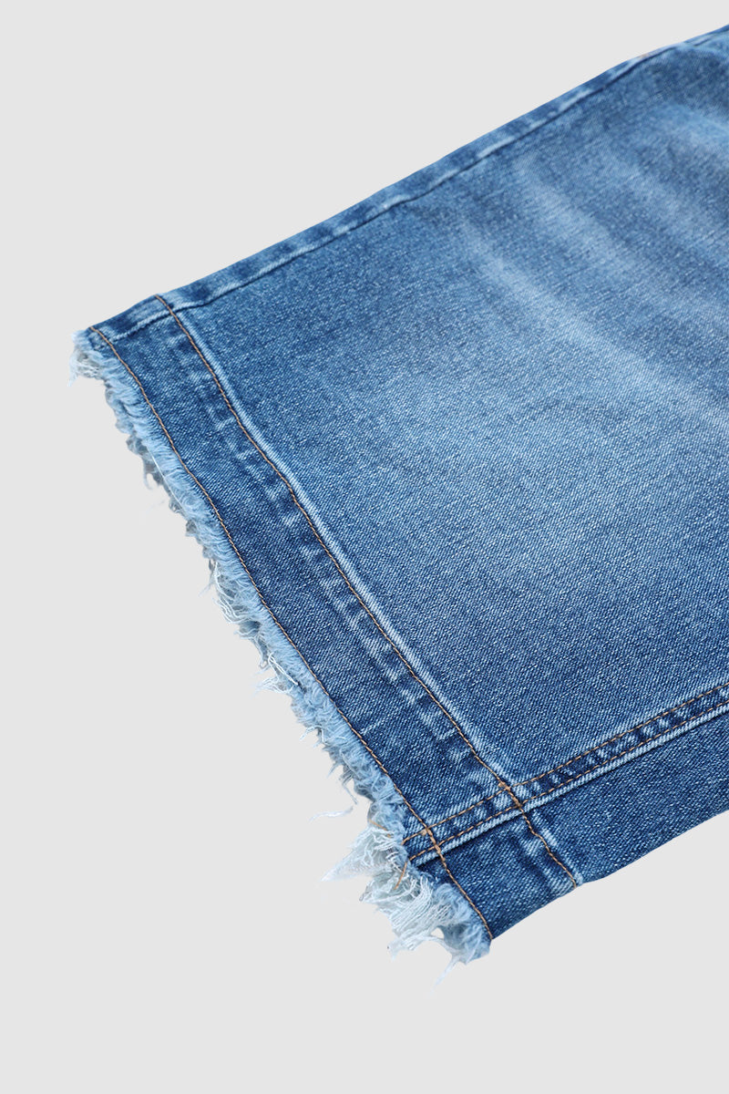 Wash Raw Hem High Waist Denim Bermuda Shorts Without Belt