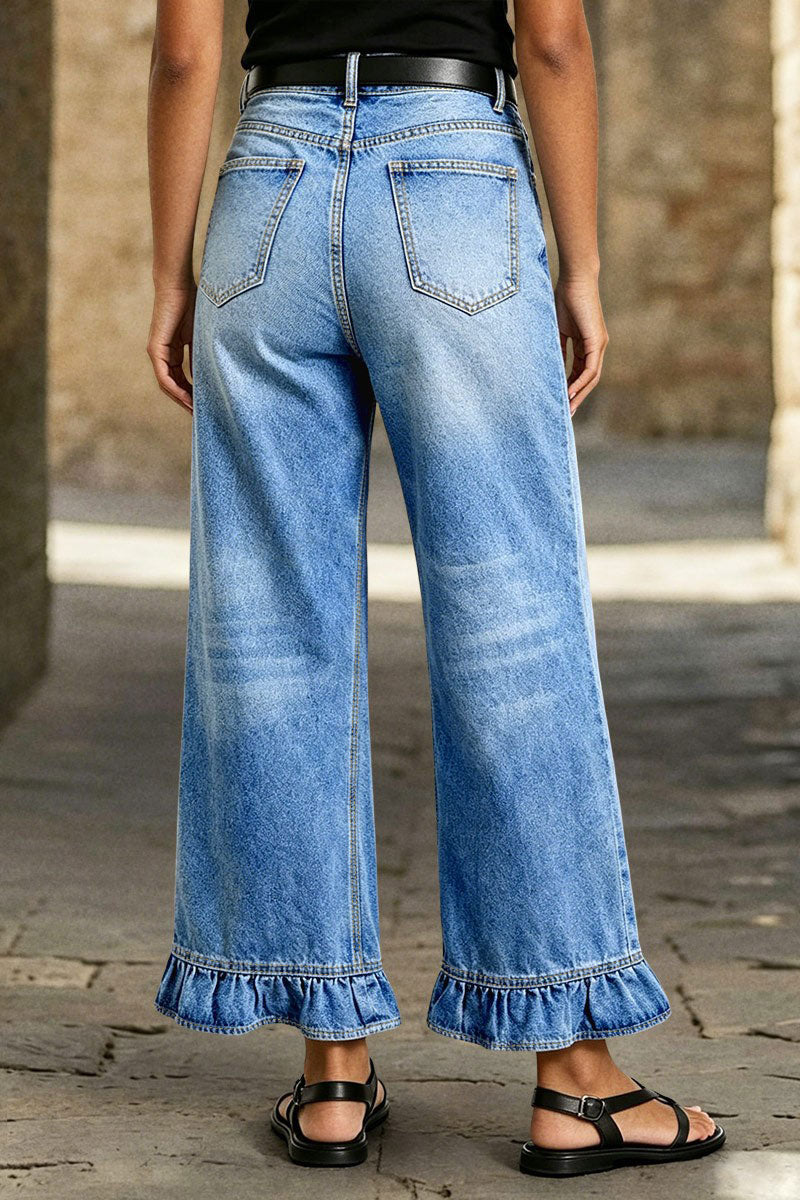 Wash Ruffle Hem High Waist Wide Leg Crop Jeans Without Belt