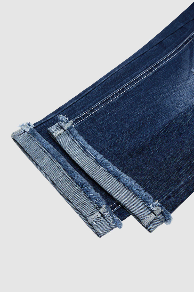 Ripped Roll Hem Dual Button Mid Rise Capri Skinny Jeans