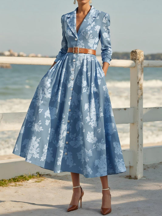 Robe midi en lin, manches courtes, col châle, florale, boutonnée, vintage, bleue