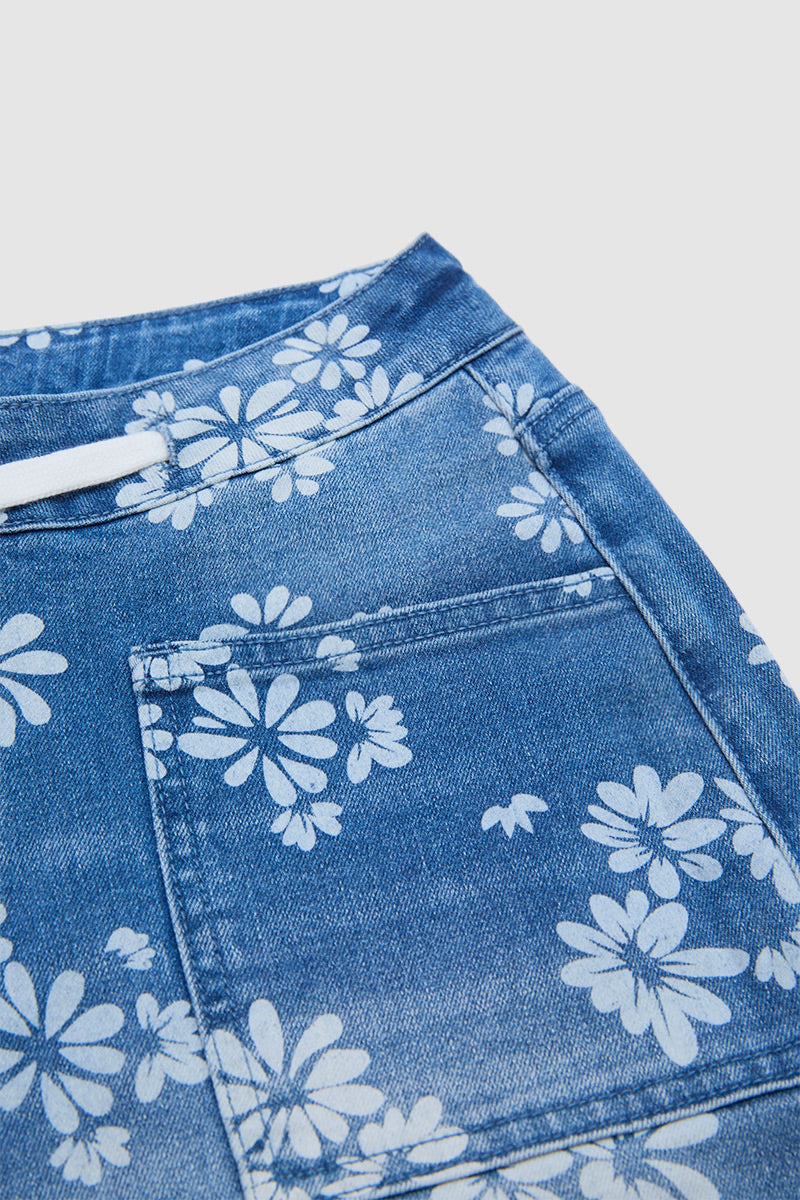 Floral Print Patch Pocket Drawstring Mid Rise Mid Thigh Denim Shorts