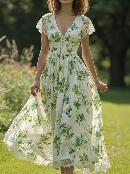 Robe longue en lin, manches courtes, col en V, motif floral, vintage, vert