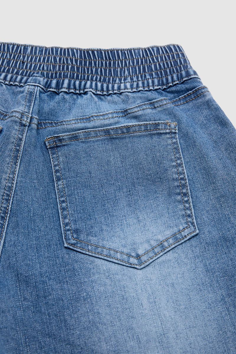 Wash Button Tab Elastic Mid Rise Straight Leg Capri Jeans