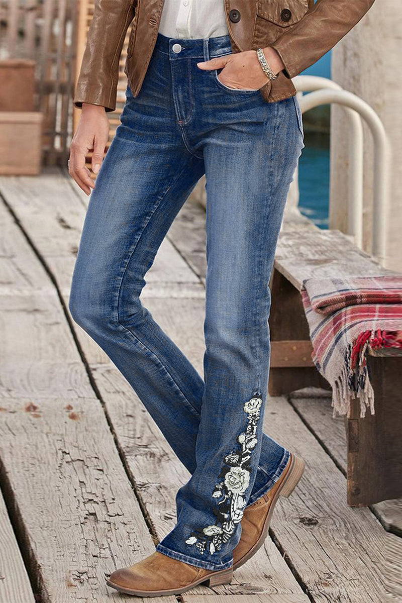 Washed Floral Embroidery Stretchy Mid Waist Bootcut Jeans
