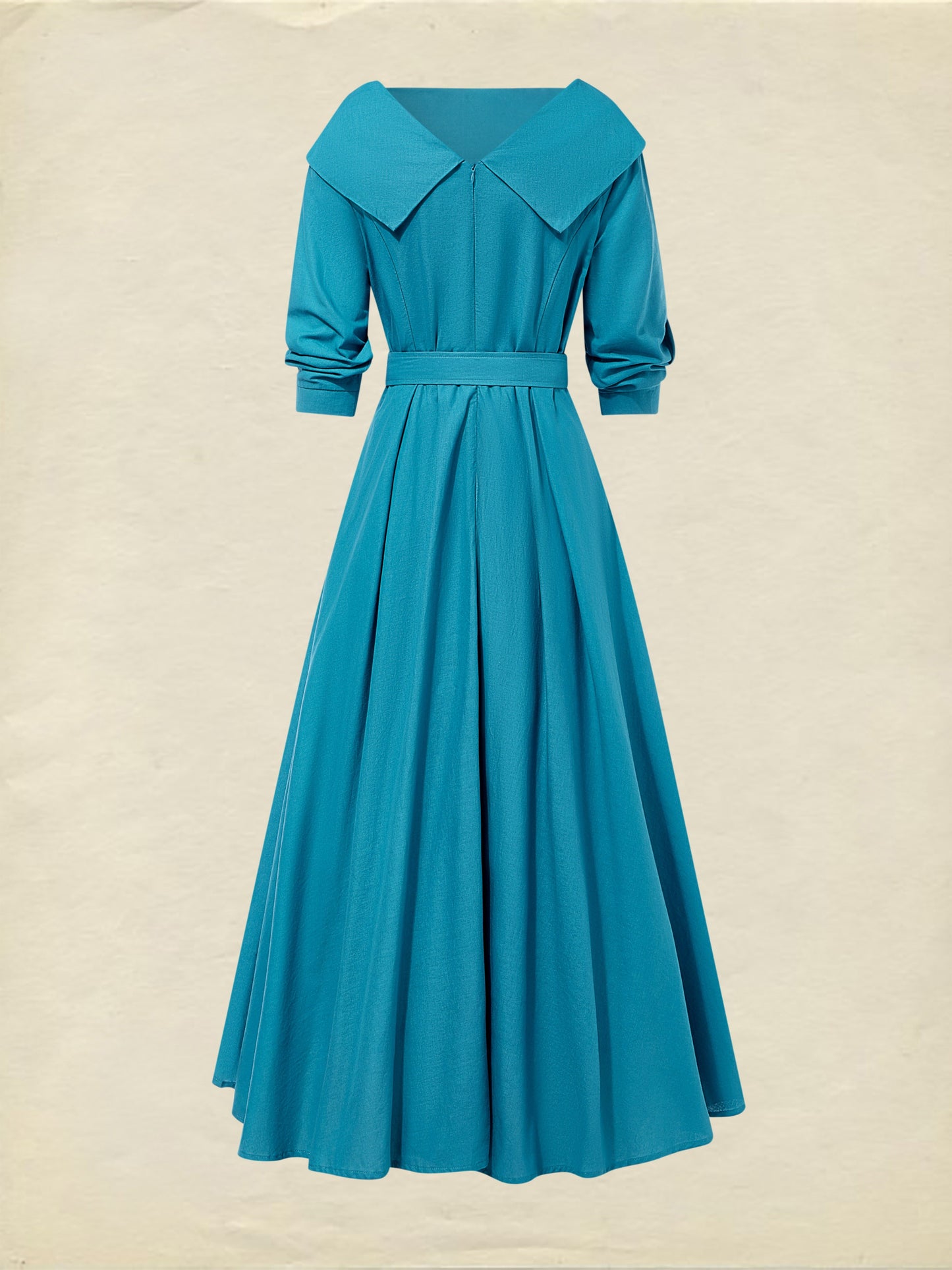 Robe midi en lin, manches courtes, col châle, unie, avec ceinture, vintage, cyan
