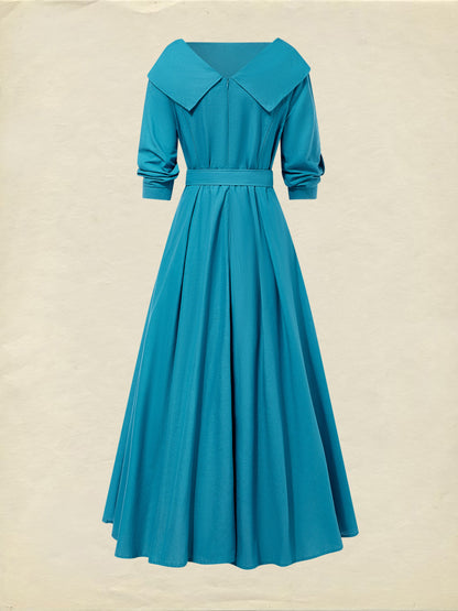 Robe midi en lin, manches courtes, col châle, unie, avec ceinture, vintage, cyan