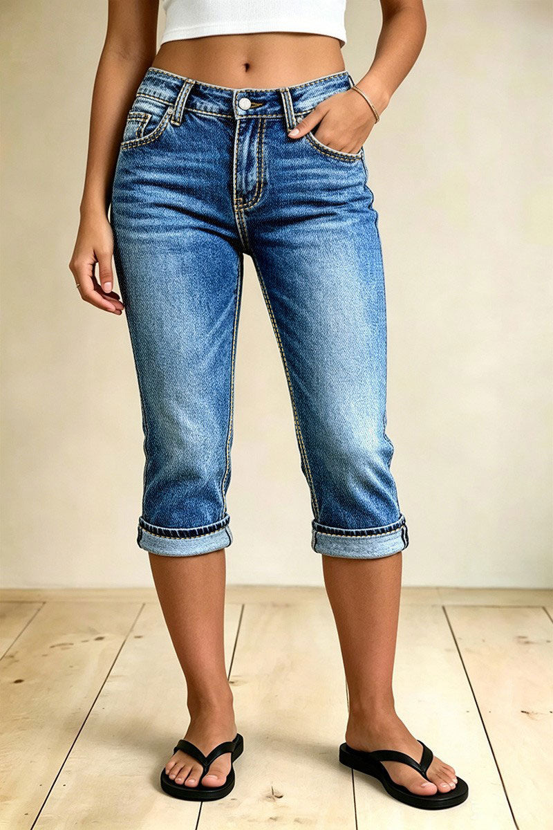 Wash Roll Hem Flap Pocket Mid Waist Straight Leg Capri Jeans