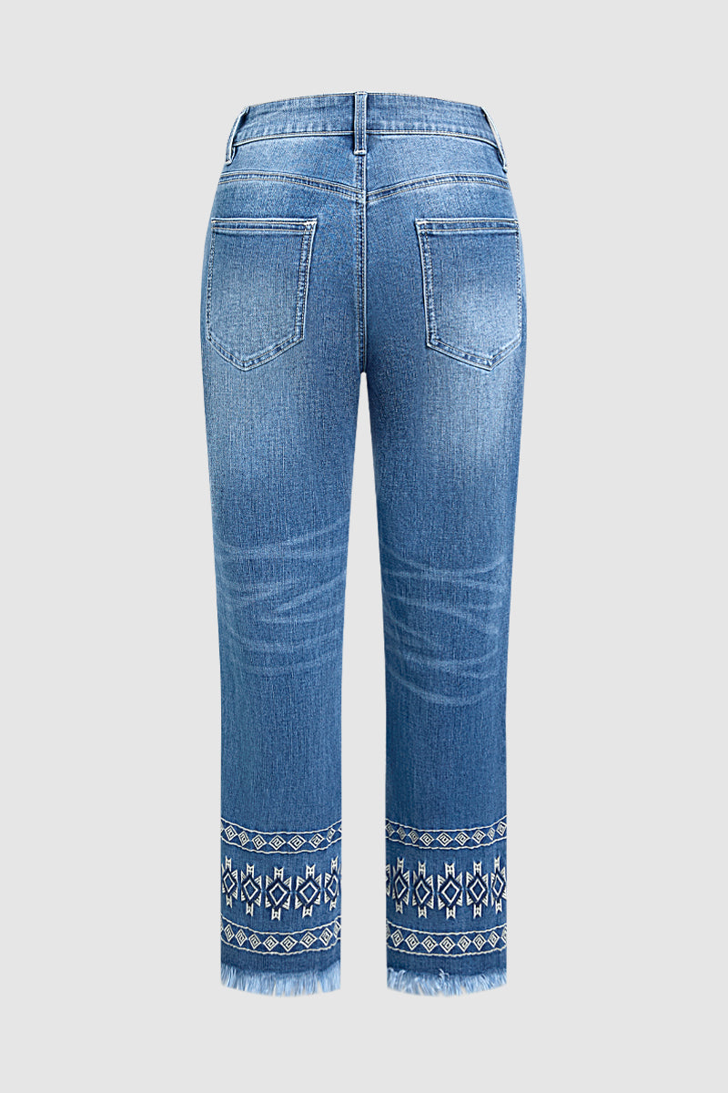 Wash Geo Embroidery Raw Hem Mid Waist Straight Leg Jeans Without Belt