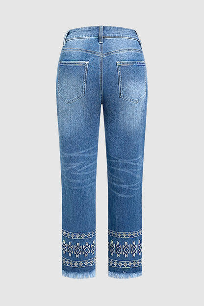 Wash Geo Embroidery Raw Hem Mid Waist Straight Leg Jeans Without Belt