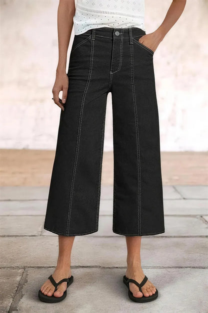 Contrast Stitch Mid Rise Wide Leg Crop Pants