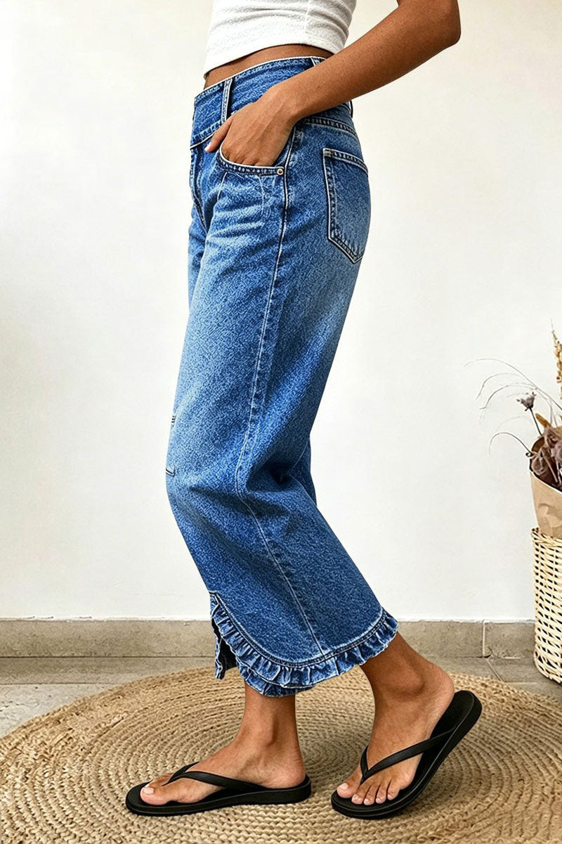 Wash Ruffle Hem Asymmetrical Mid Waist Wide Leg Cropped Jeans
