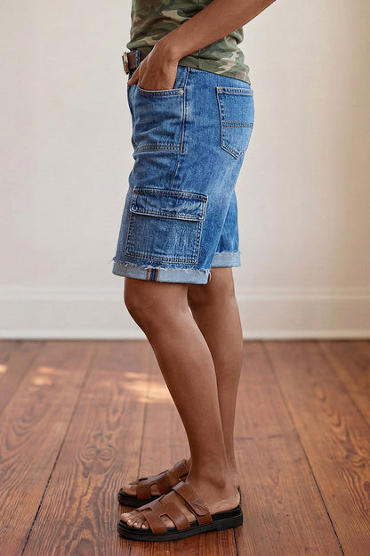 Wash Raw Hem Flap Pocket Mid Waist Denim Bermuda Shorts Without Belt
