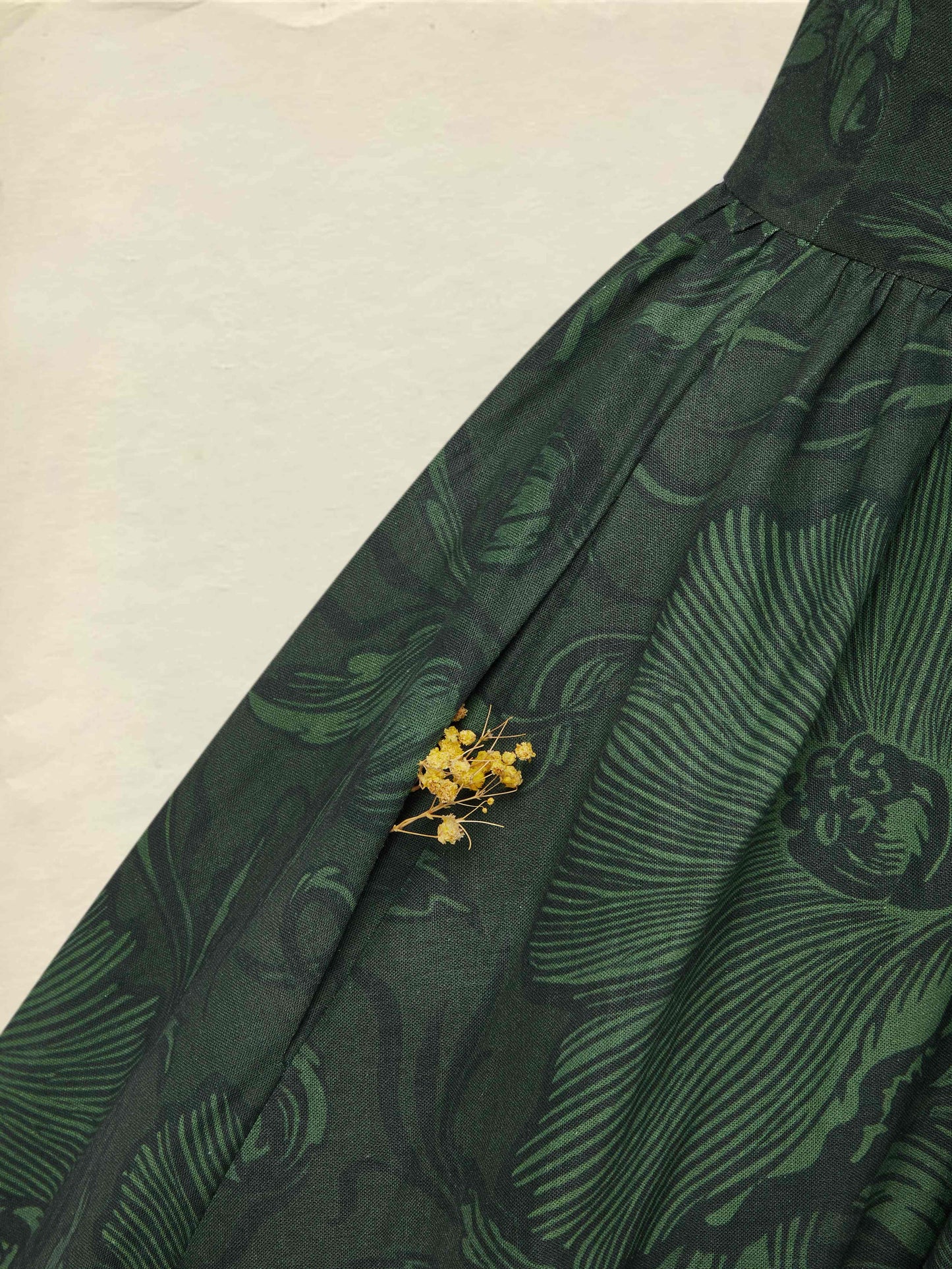 Robe longue en lin, Manches mi-longues, Col en V, Fleurie, Vacances, Vintage, Vert foncé