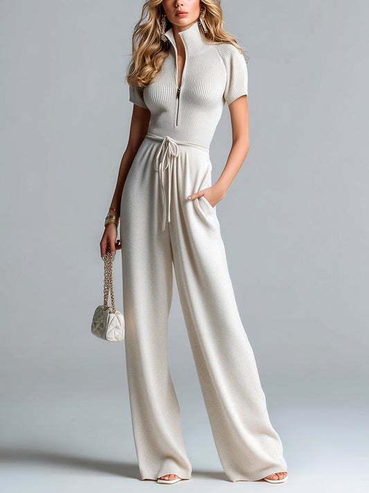 Chic Elegant Beige Stand Collar Zipper-Front Short-Sleeve Tailored Waist Belted Wide-Leg Knit Jumpsuit