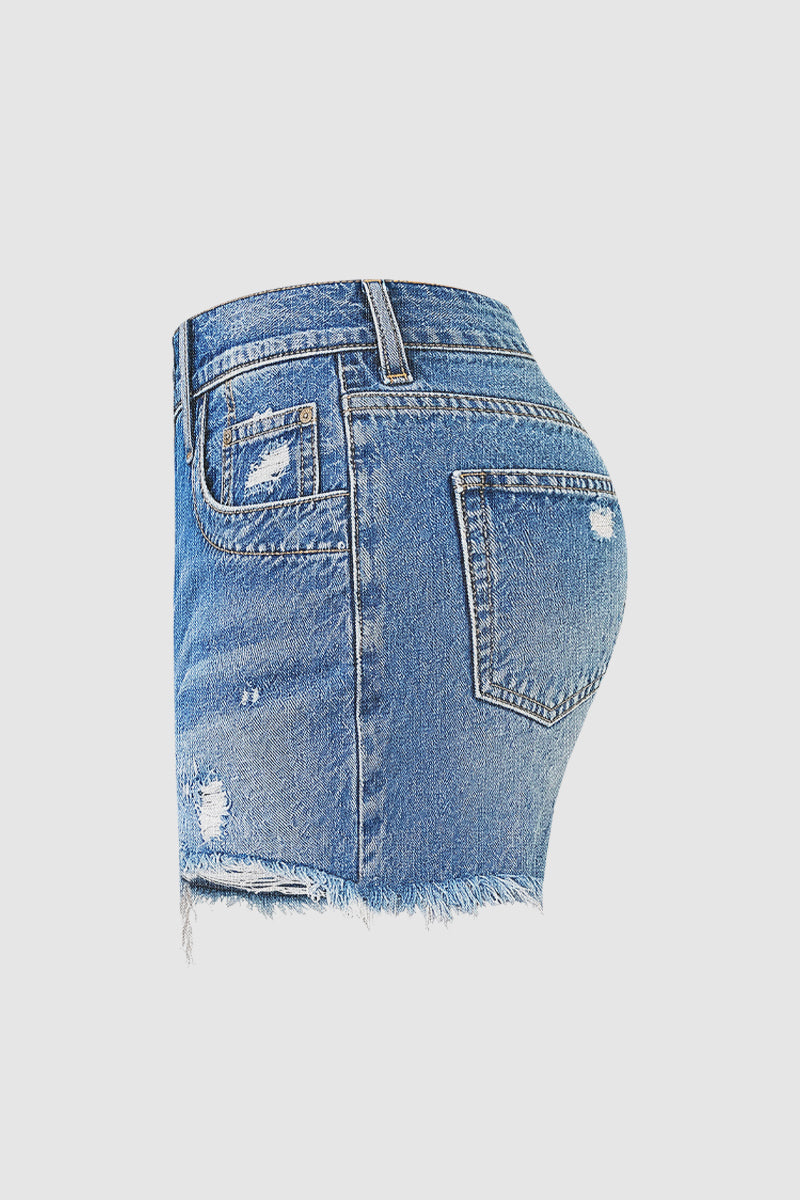 Wash Raw Hem Ripped Mid Waist Denim Shorts