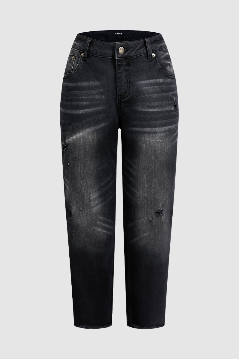 Wash Ripped Raw Hem Mid Rise Straight Leg Crop Jeans