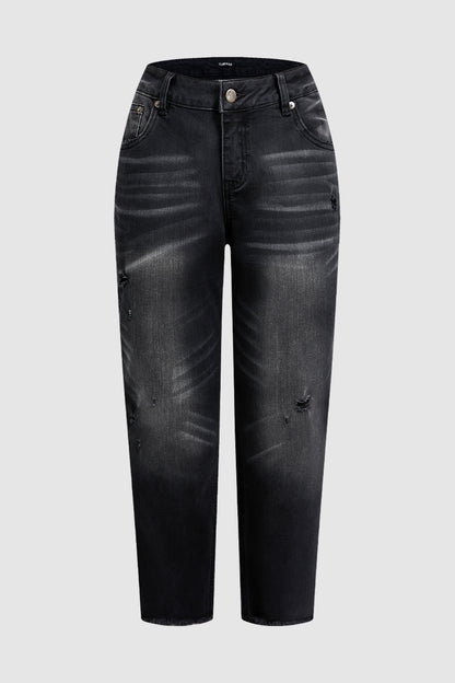 Wash Ripped Raw Hem Mid Rise Straight Leg Crop Jeans