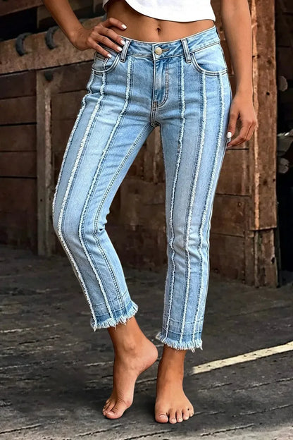 Wash Raw Hem Stitch Detail Mid Waist Straight Leg Cropped Jeans