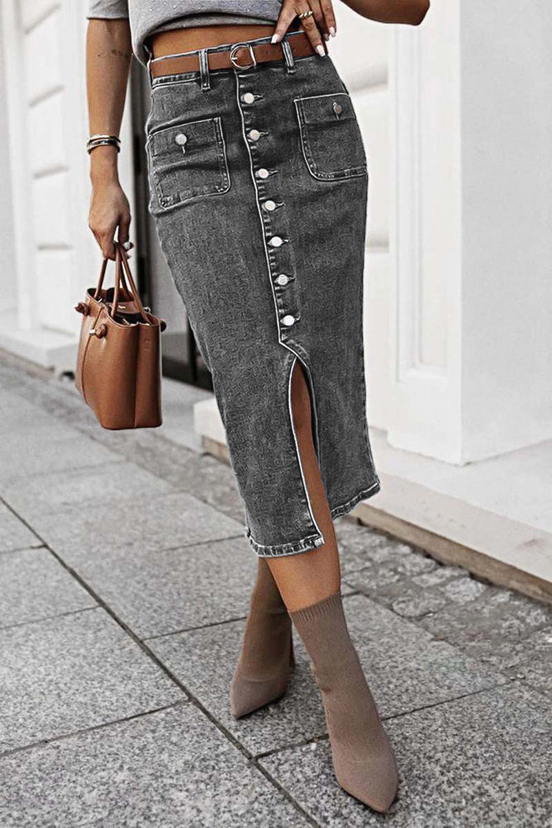 Wash Split Hem Button Up Midi Denim Skirt Without Belt