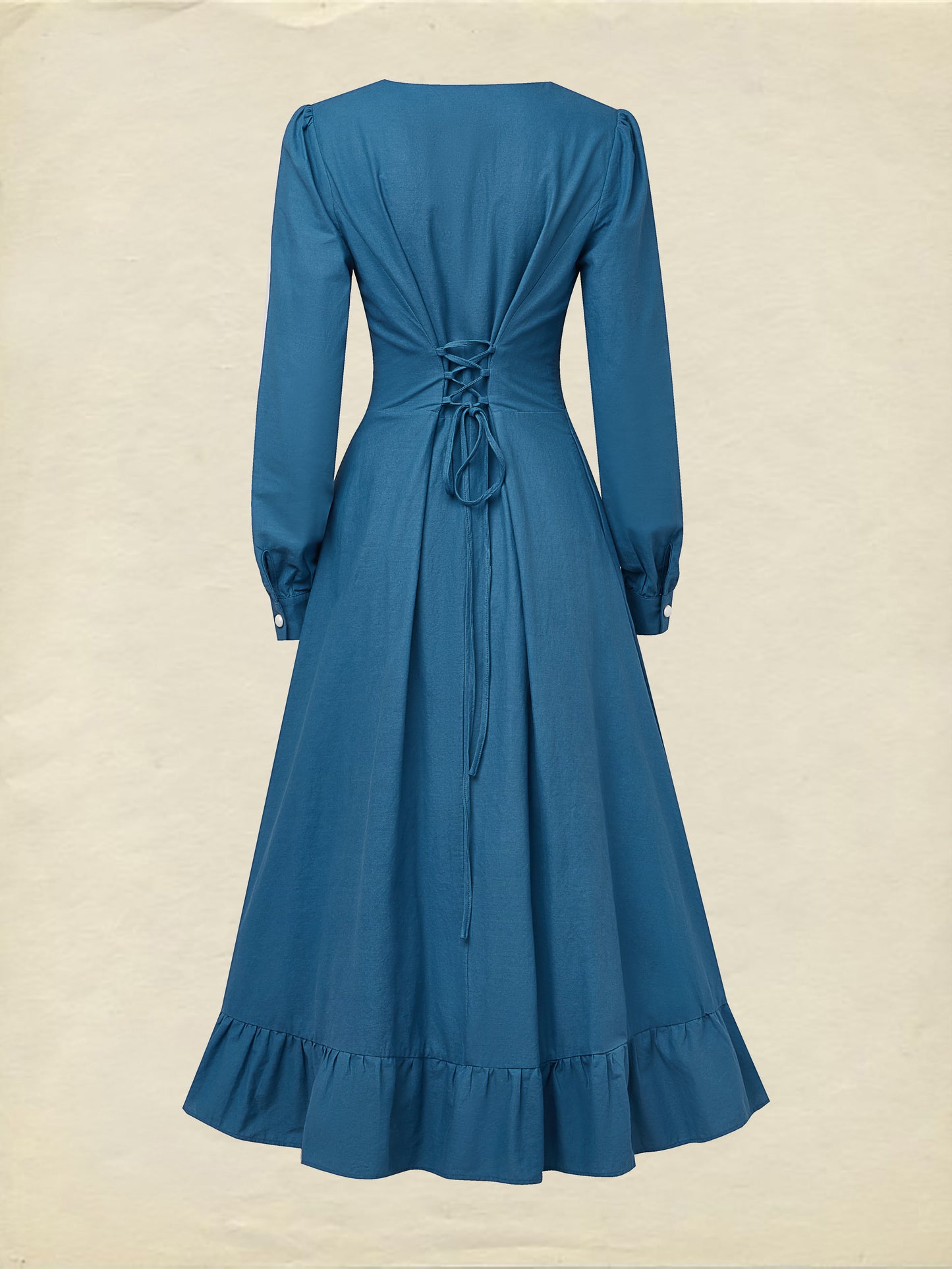 Robe longue en coton, manches longues, col en V, unie, boutonnée, vintage, bleu marine