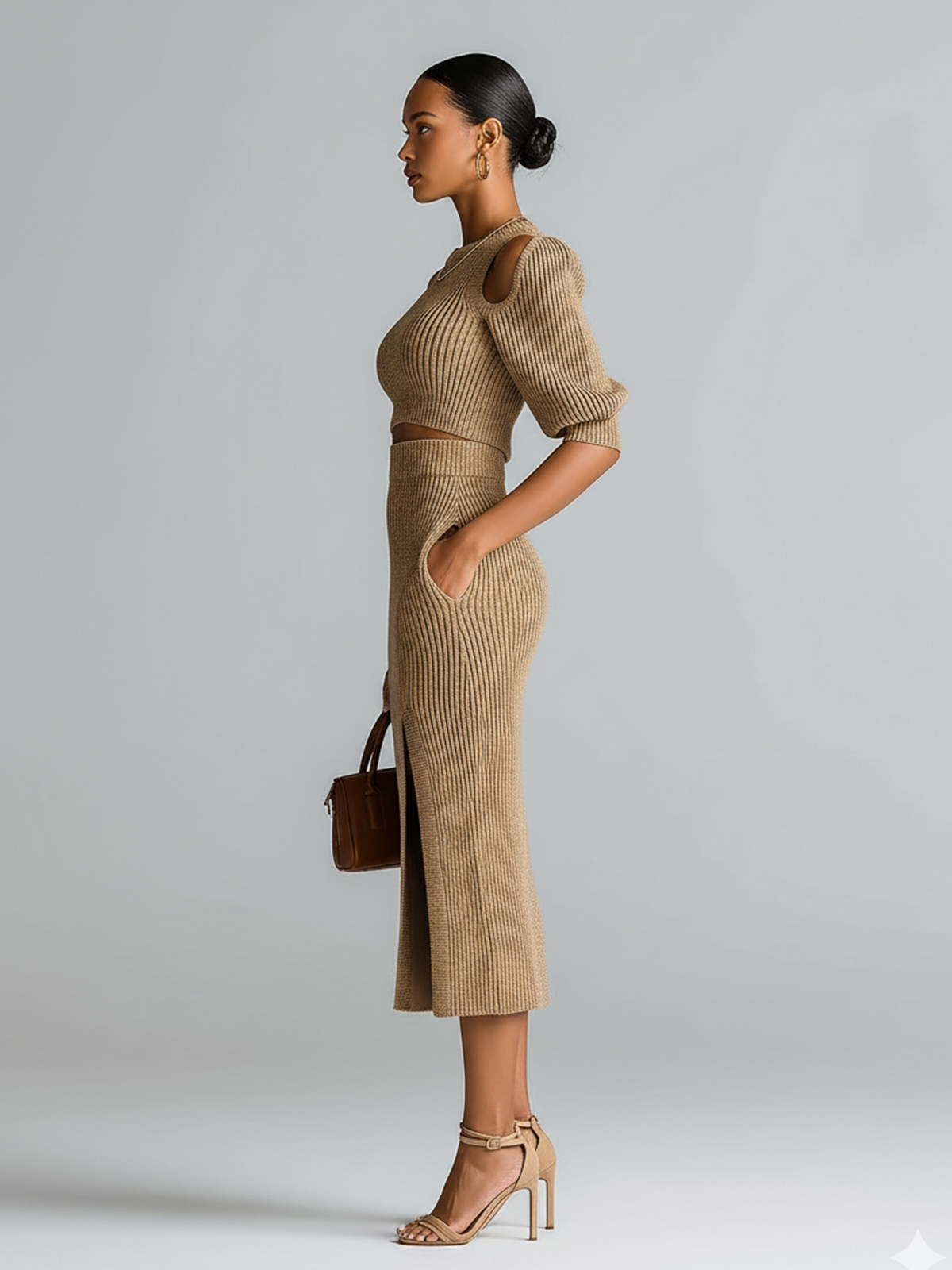 Stylish Elegant Camel Crew Neck Slim-fit Short-sleeved Cutout Sweater Top Side-Slit Pencil Skirt Ribbed Knit Two-Piece Set