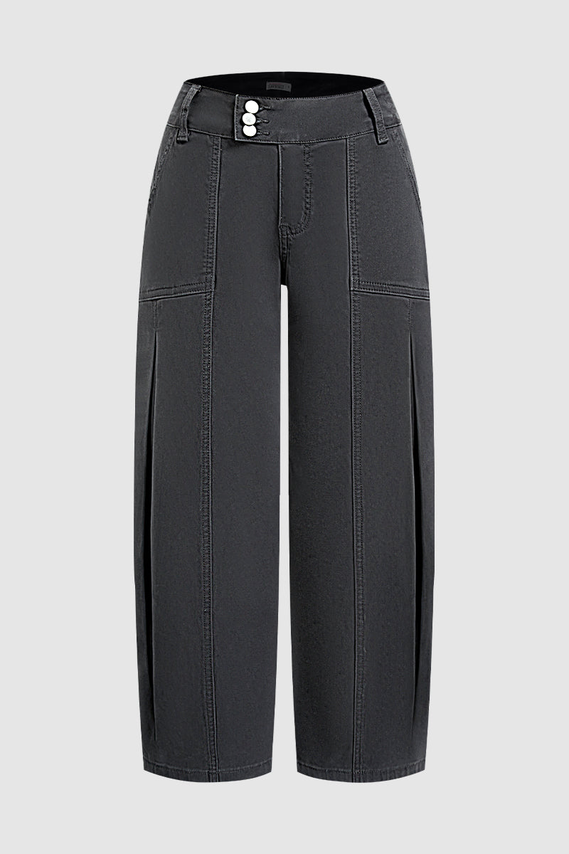 Solid Stitch Detail Pleated Barrel Leg Mid Waist Pants