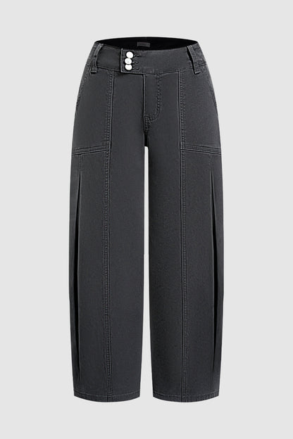 Solid Stitch Detail Pleated Barrel Leg Mid Waist Pants
