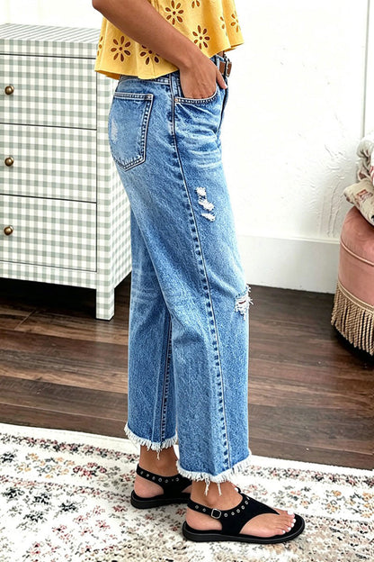 Wash Raw Hem Ripped Mid Waist Straight Leg Crop Jeans Without Belt
