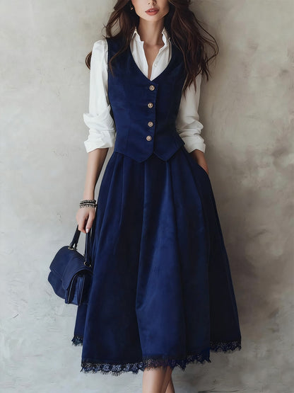 Jupe midi en coton (chemise et gilet non inclus), unie, avec poches, style vintage, verte