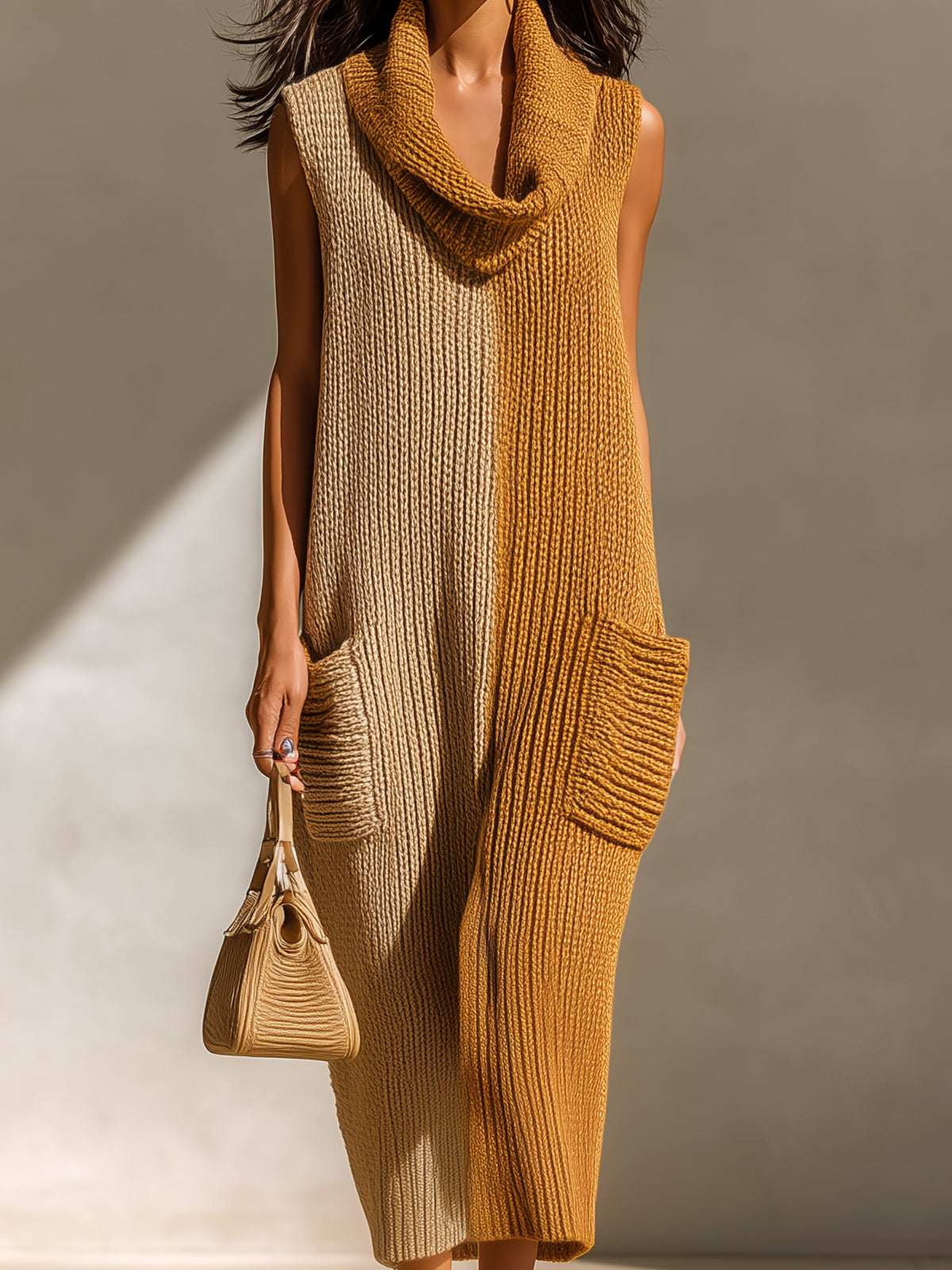 Chic Casual Mustard-Beige Colorblock Cowl Neck Sleeveless Loose Fit Pocket Detail Knit Maxi Dress