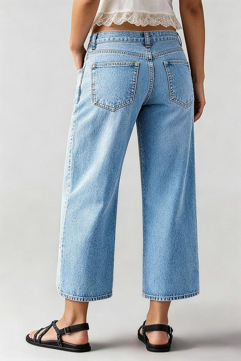 Wash Split Hem Mid Rise Wide Leg Crop Jeans