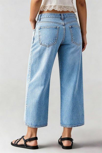 Wash Split Hem Mid Rise Wide Leg Crop Jeans
