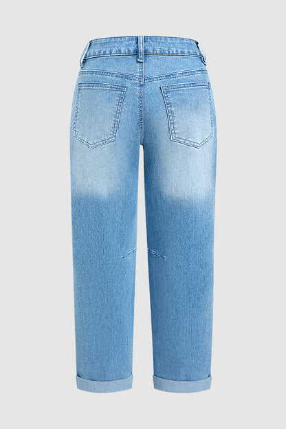 Roll Hem Mid Waist Straight Leg Crop Jeans Without Belt