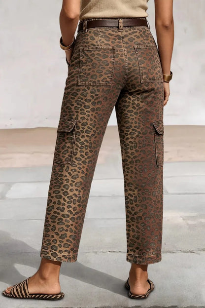 Leopard Print Flap Pocket High Waist Tapered Cargo Crop Pants Without Belt