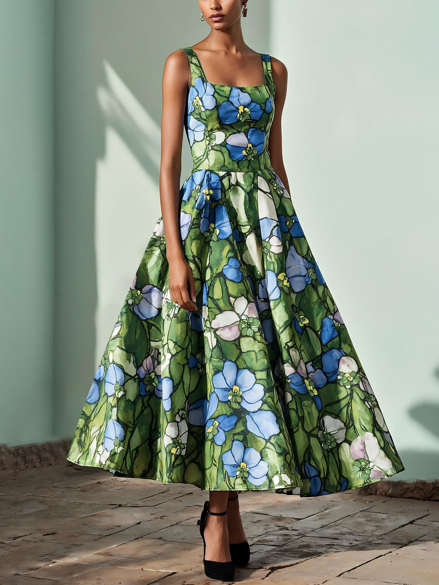 Robe longue en lin, sans manches, col carré, florale, vitraux d'église, vacances, vintage, verte