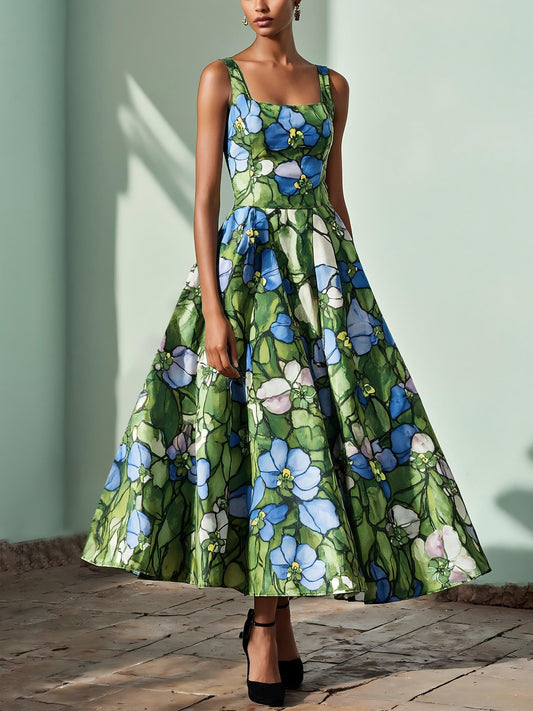 Robe longue en lin, sans manches, col carré, florale, vitraux d'église, vacances, vintage, verte