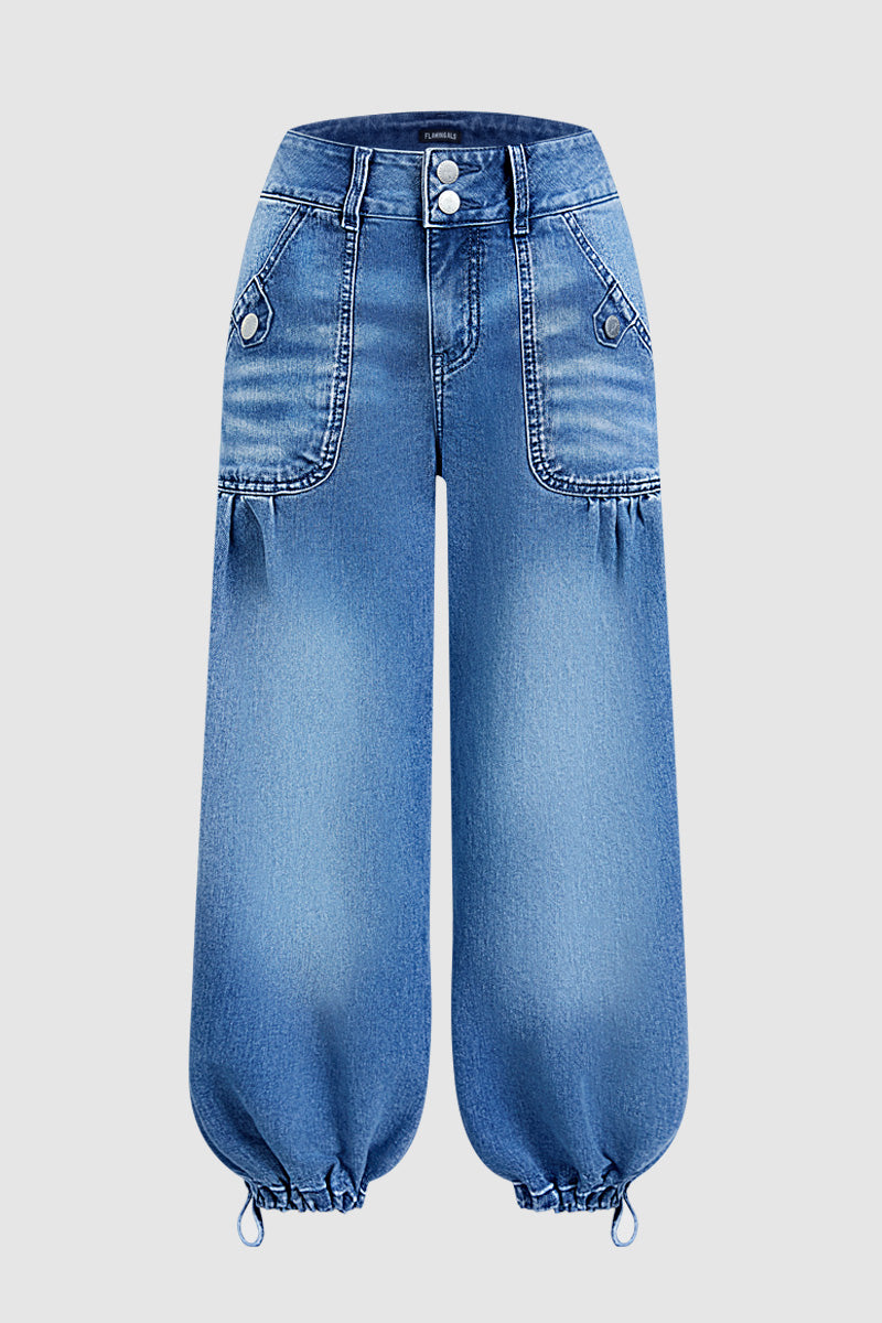 Wash Patch Pocket Drawstring Hem Mid Rise Cropped Wide Leg Jeans