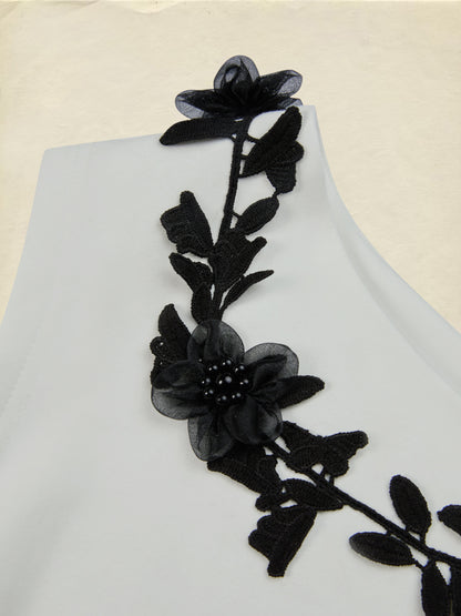 T-shirt en maille de coton, Manches courtes, Uni, Fleurs 3D, Style vintage français, Ivoire