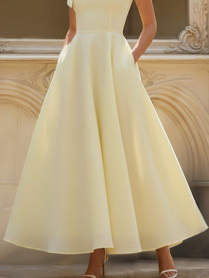 Robe Longue en Lin, Sans Manches, Col Carré, Unie, Nœud, Style Vintage Français, Jaune Clair