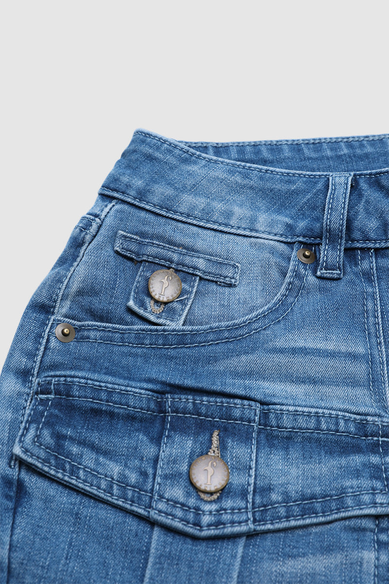 Wash Flap Pocket Mid Rise Mid Thigh Denim Shorts Without Belt