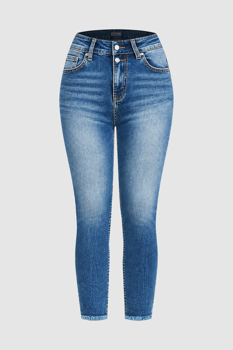 Wash Embroidery Back Raw Hem Mid Waist Cropped Skinny Jeans