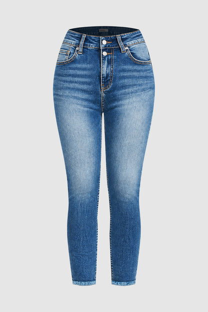 Wash Embroidery Back Raw Hem Mid Waist Cropped Skinny Jeans