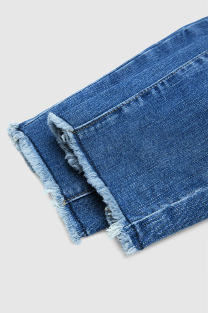 Raw Hem Cut Out Bow Tie Mid Waist Crop Skinny Jeans